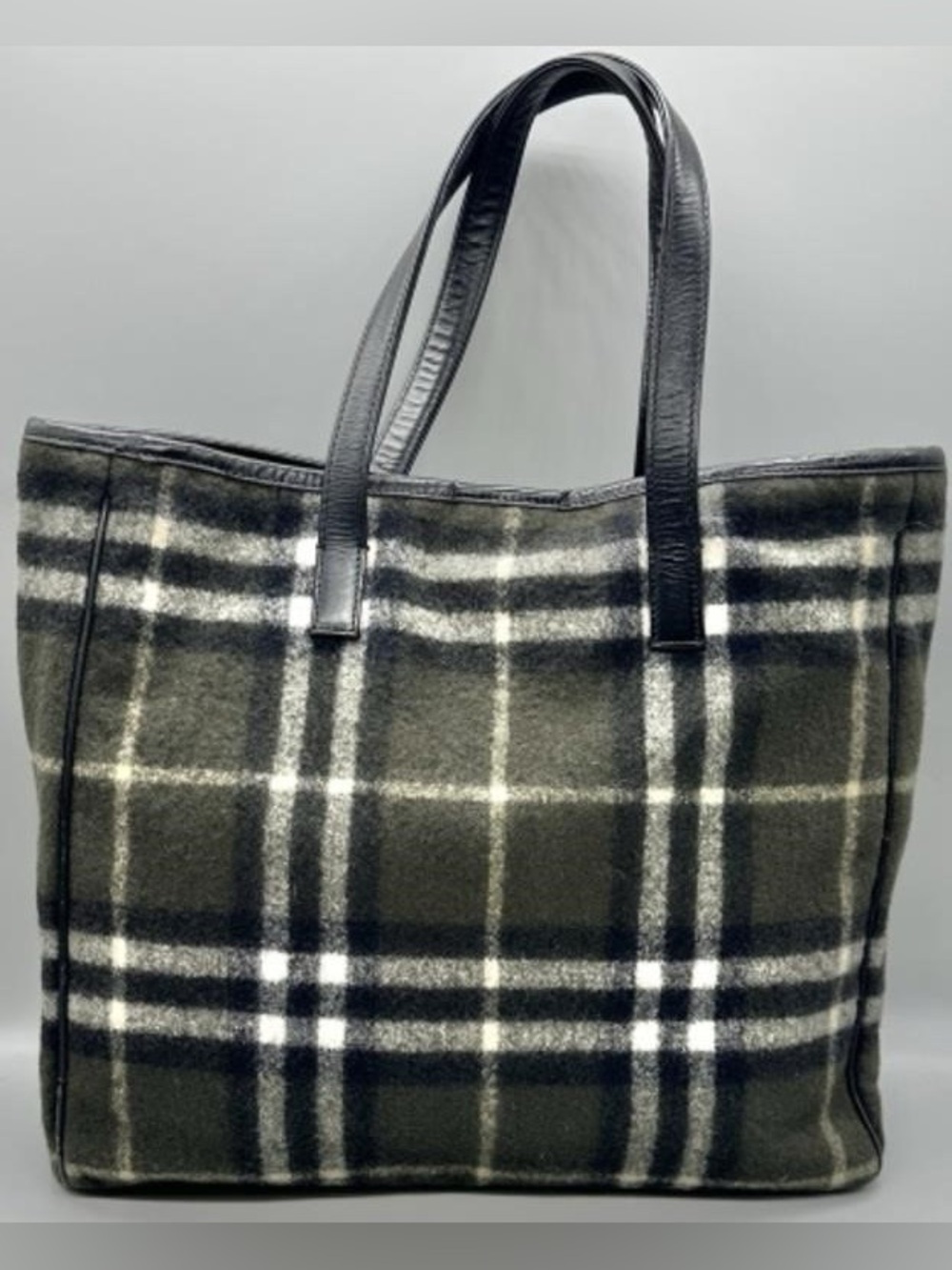 Vintage Burberrys Blue Label Check Plaid Pattern Olive Green Black Wht Wool Tote